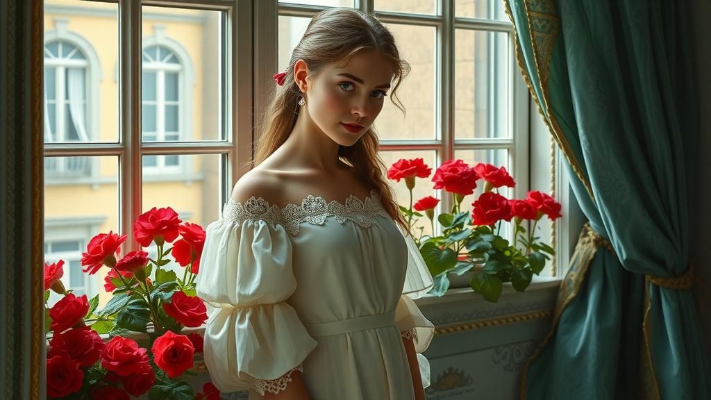 Aube en robe de printemps pose devant les géraniums sur le bord de  la fenêtre, en 1895 à la façon de  Diego A. Loayza