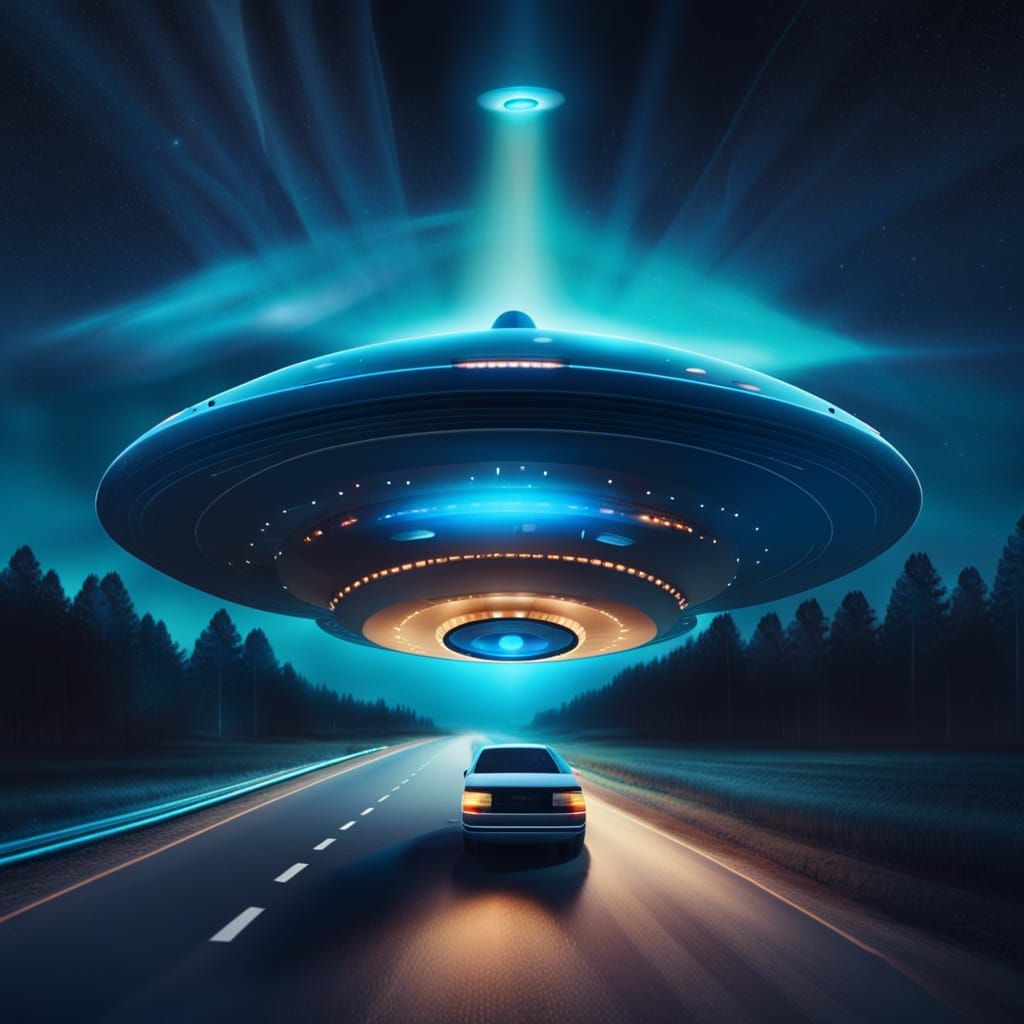 Landscape picture scene. Flying saucer, hovering over a road...