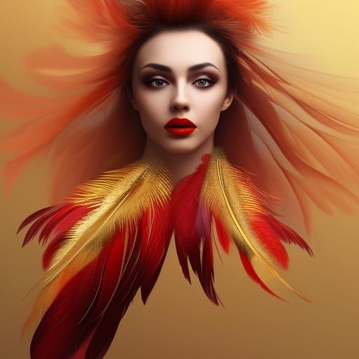 beautiful woman wearing stunning red and gold  feathers
