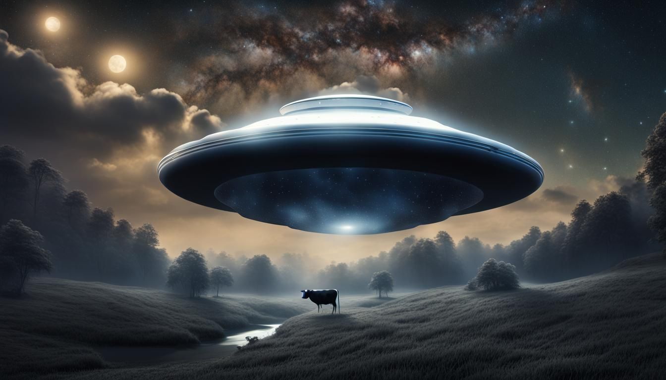 (flying saucer in starry night sky: 1.3) with a (black/white...