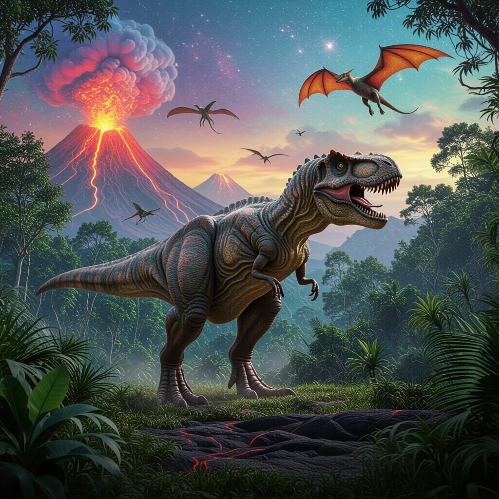 Epoche Jura, Dinosaurier, Trex, Flugsaurier, urzeitexen, Urwald, Vulkane, Magmamasse  by @Karen