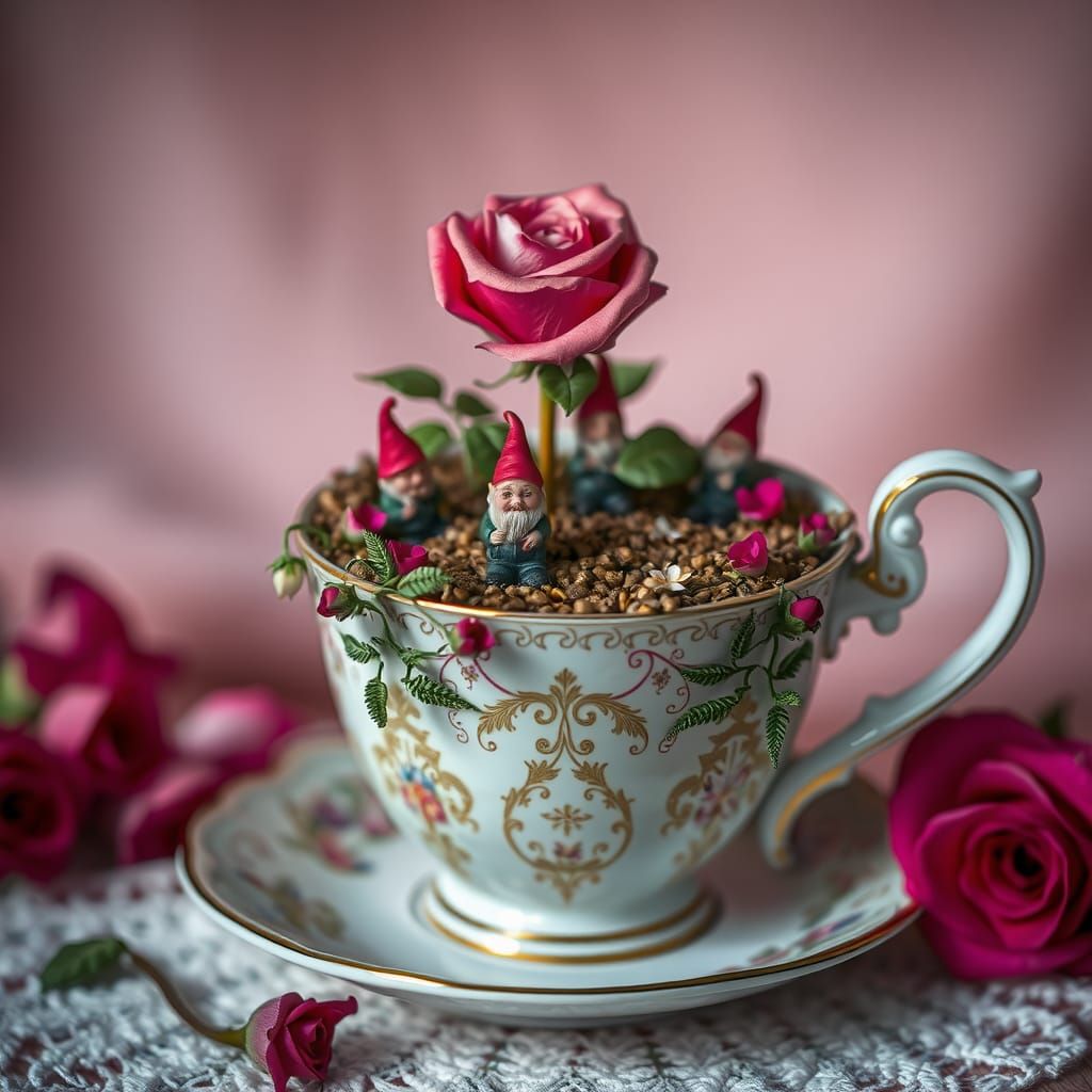 tea cup with a rose garden in the cup with gnomes tending th...