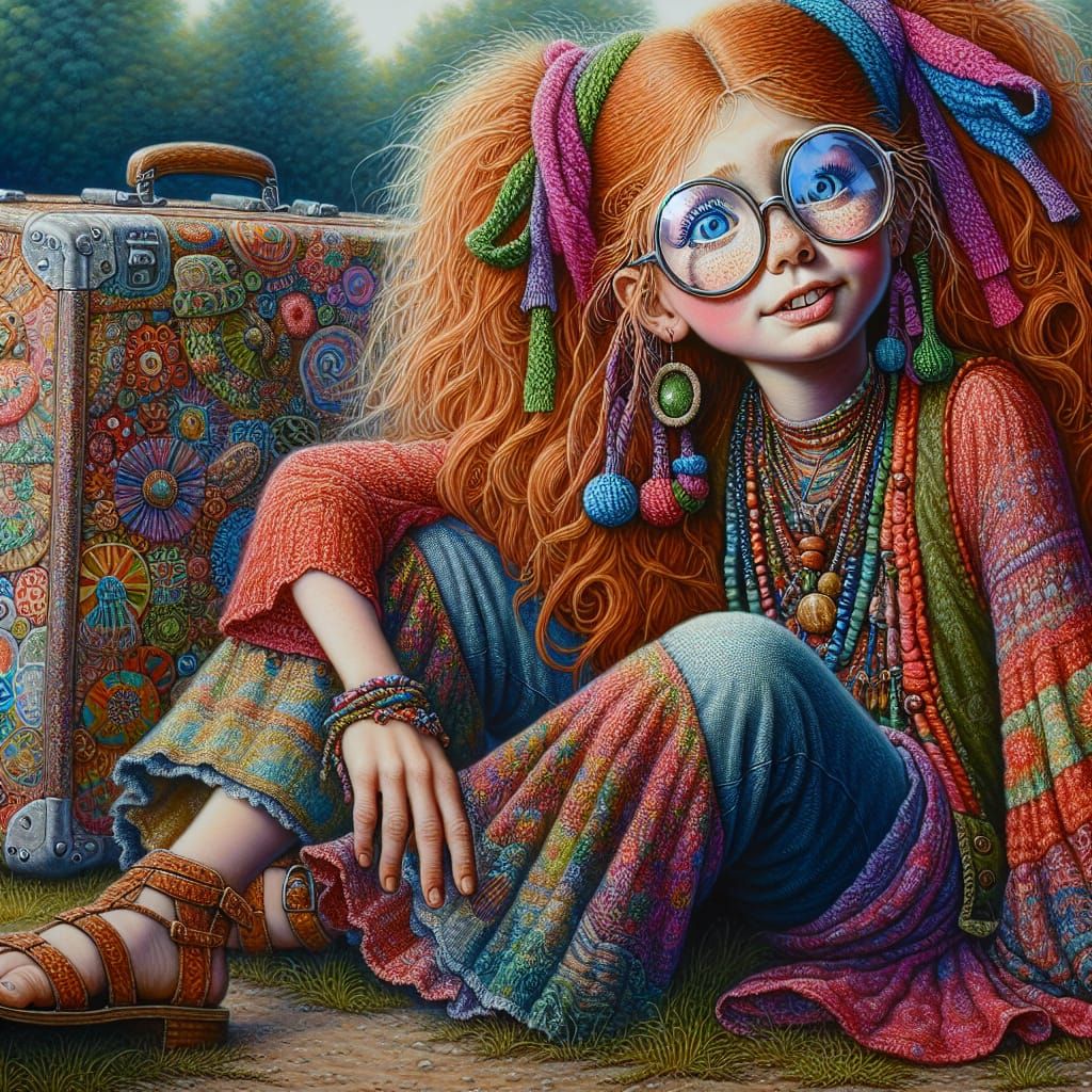 little hippie girl from the 60's individual, has messy red b...