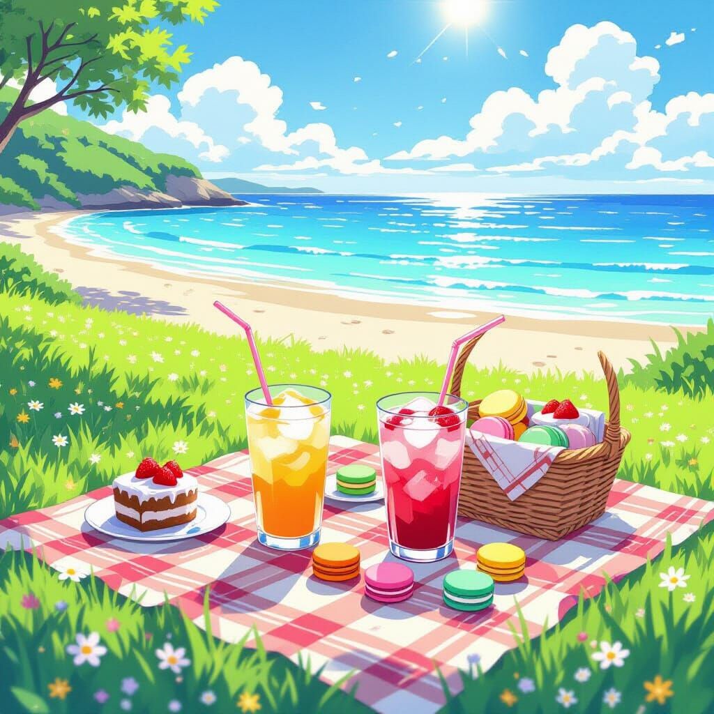 Summer Drinks on Picnic Blanket by Sparkling Sea in Watercol...
