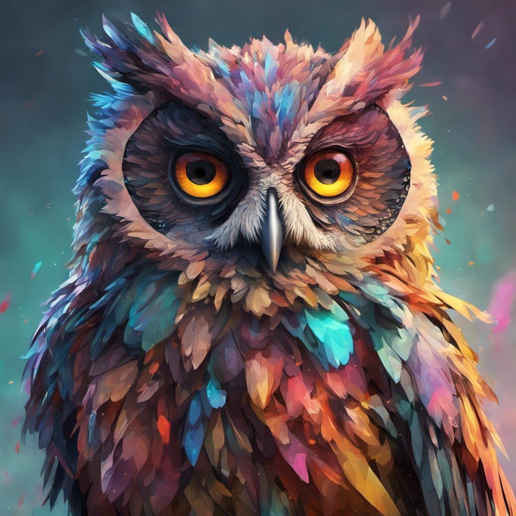 a colorful owl with fuzzy feathers.  by @Diggs Diggy