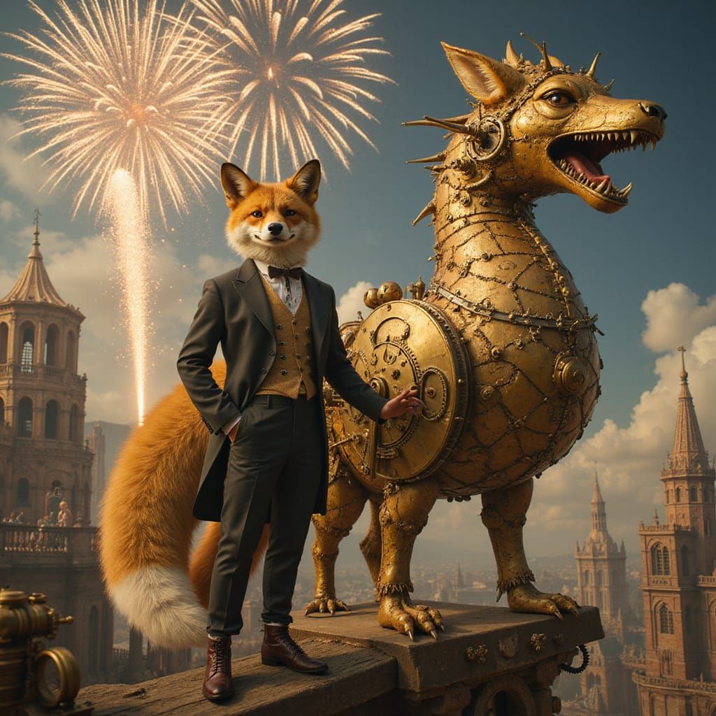 A Relaxed Fox standing on a colossal stage shaped like a mechanical gryphon, fireworks exploding behind them. The stage is adorned with intr...