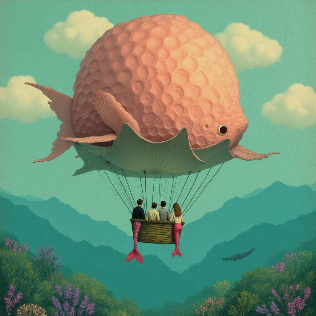 <lora:SurrealRetro:1.0> A giant pufferfish hot air balloon carries a group of mermaids to the clouds above the sea