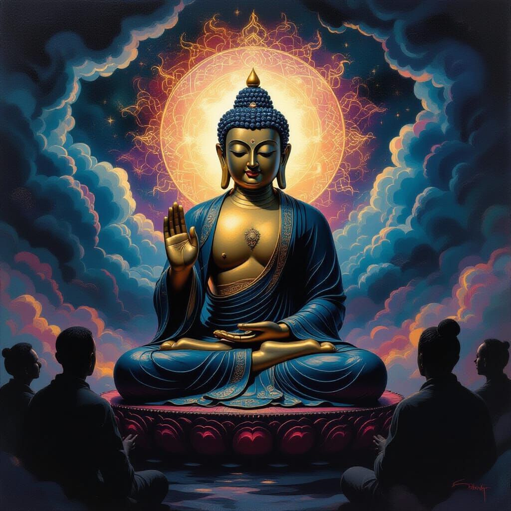 Enlightened Buddha in Mystical Realm, Gothic Visionary Art