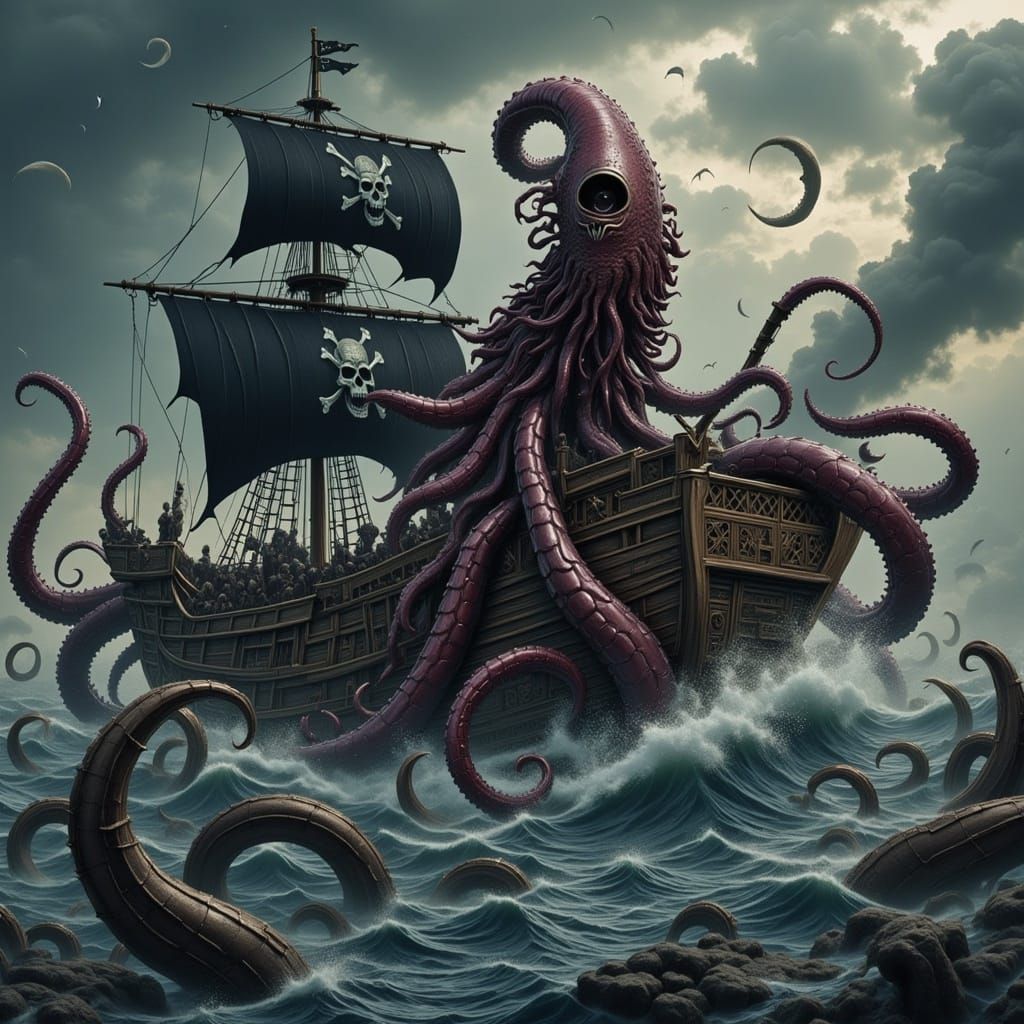 Kraken Attacks Pirate Ship in Stormy Seas