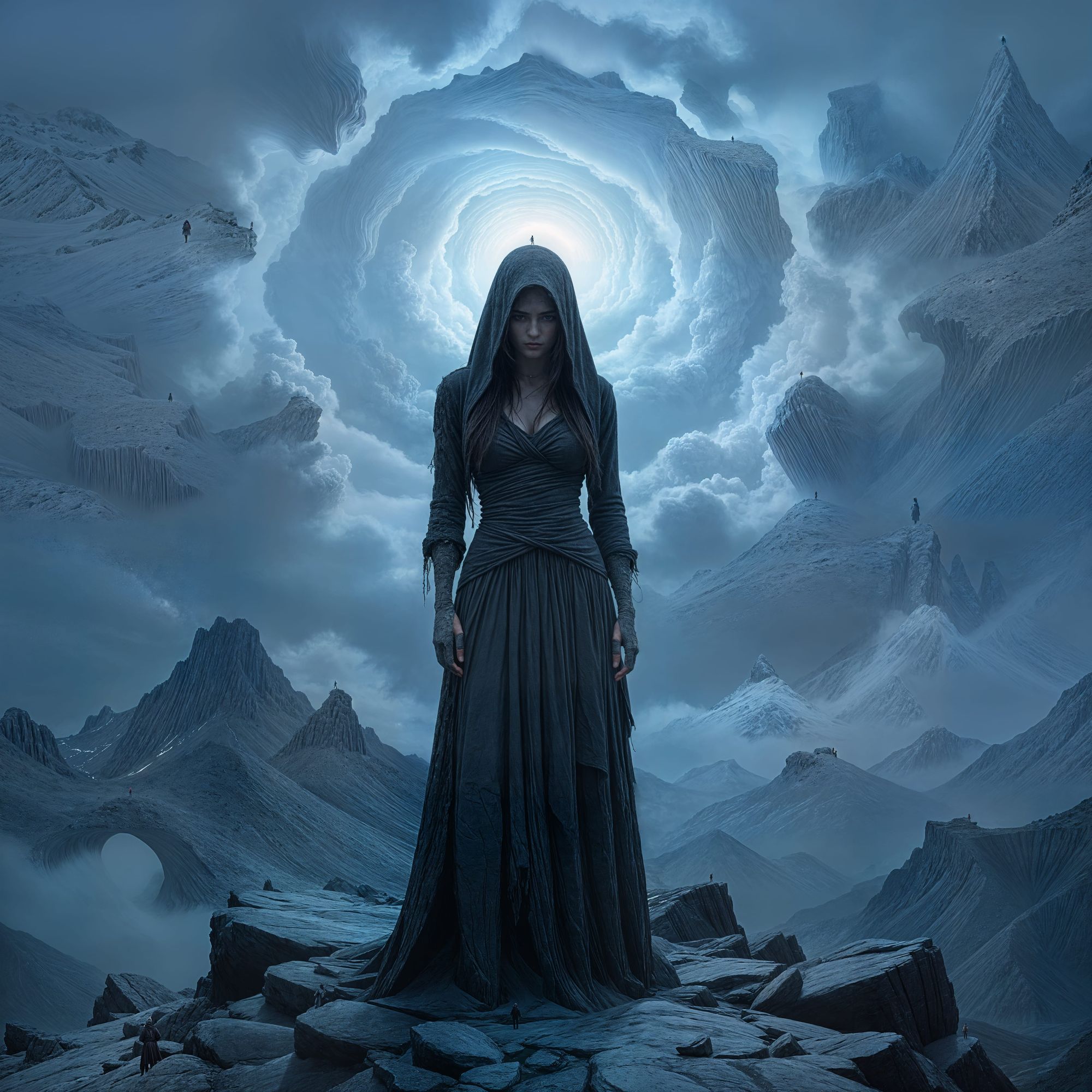 A solitary woman stands on a desolate mountain peak, her face etched with profound loneliness and heartbreak. The sky above is a tumultuous ...
