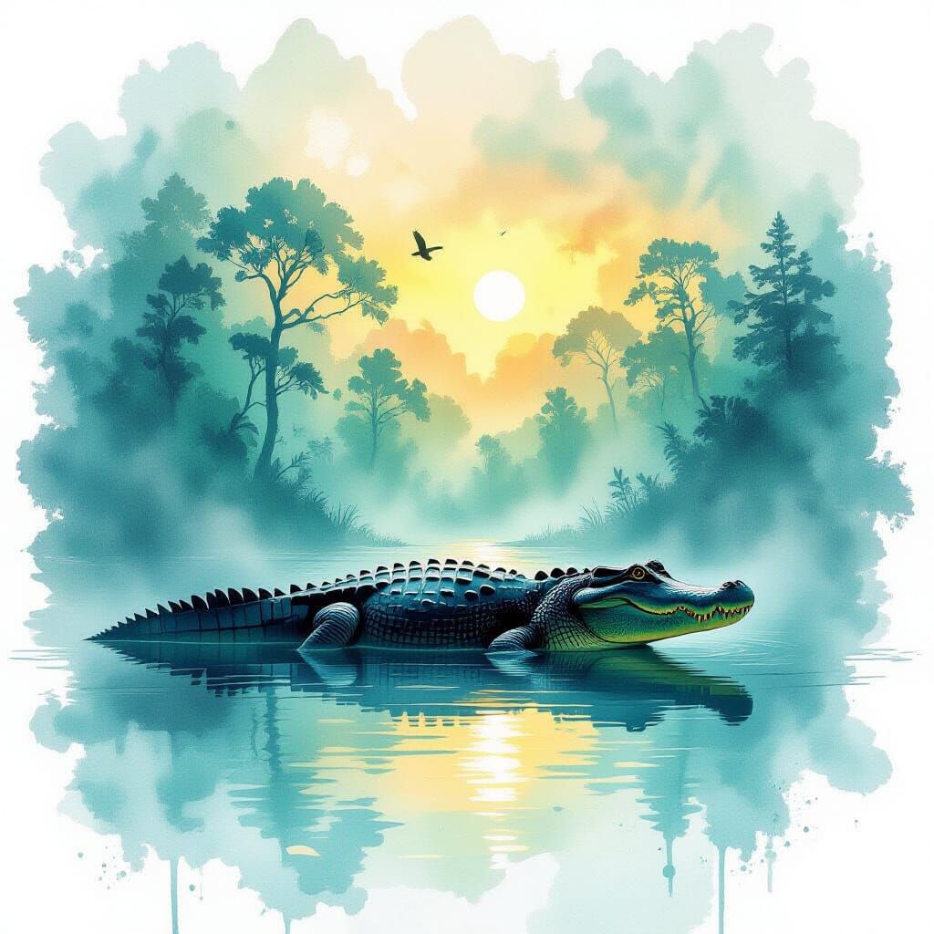 Emerald Crocodile Silhouette with Watercolor Textures