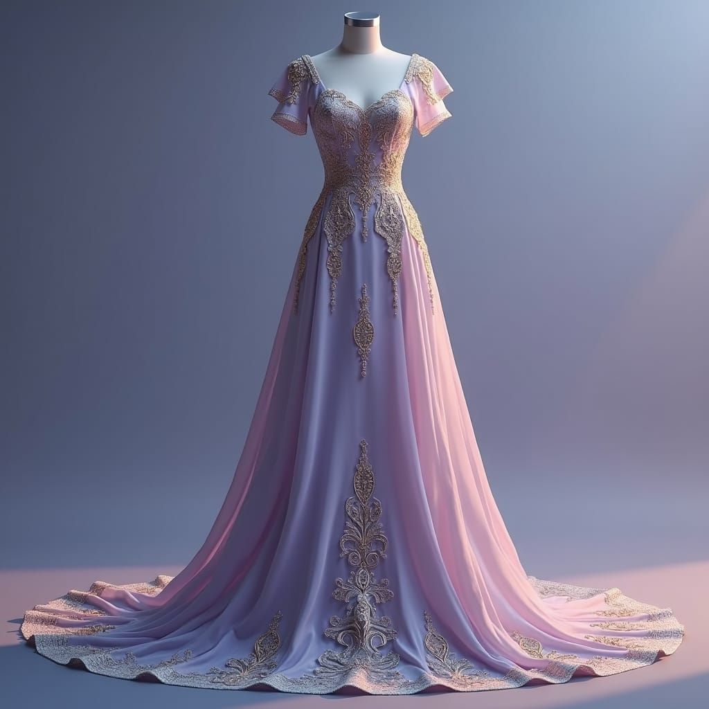 Elegant Lavender Gown with Gold Filigree, Matte Painting