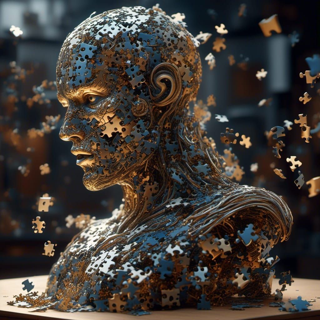 <lora:Jigsaw:1.0> A giant block humanoid creating a small block humanoid, missing pieces, jigsaw puzzle block Sculpture, :: Meticulously hyp...