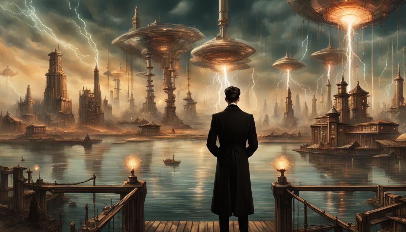 Nikola Tesla standing in fron of: a detailed and accurate vi...