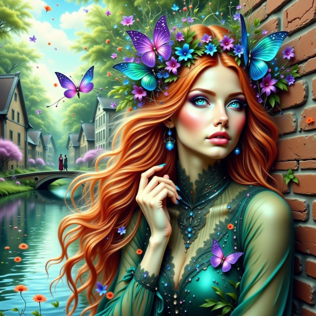 <lora:portraits  lights:1.0> a stunning  woman with ginger  hair, green+blue clothes, boho styles, lace,  village, river, Flowers,brick wall...