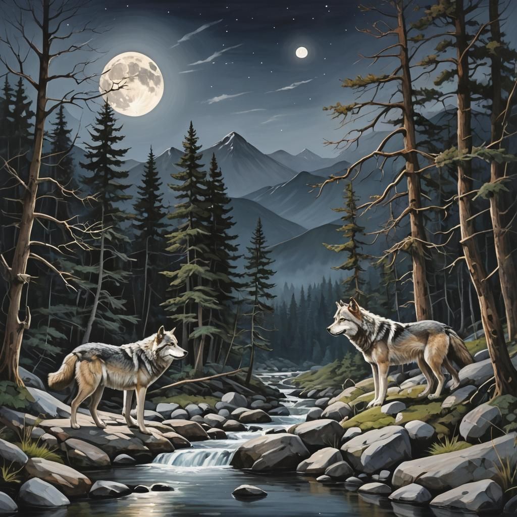 Wolf mountain stream night moon