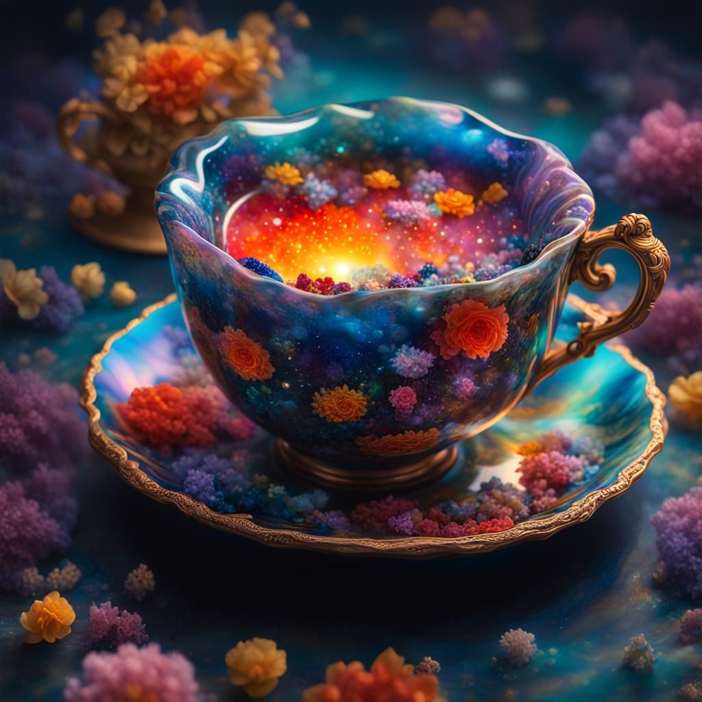Surreal Teacup with Flowers in Ghibli Style