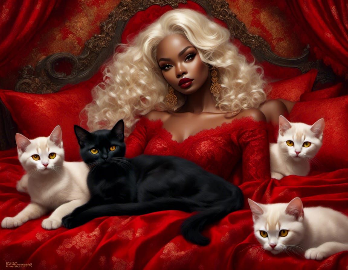 Woman with Burmese Kittens on Silk Bed