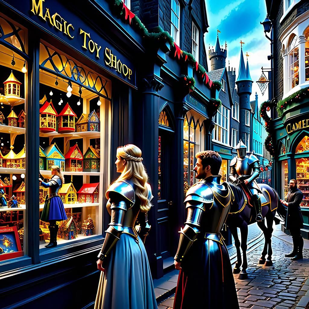 Medieval Knights Looking at a Toy Shop Window