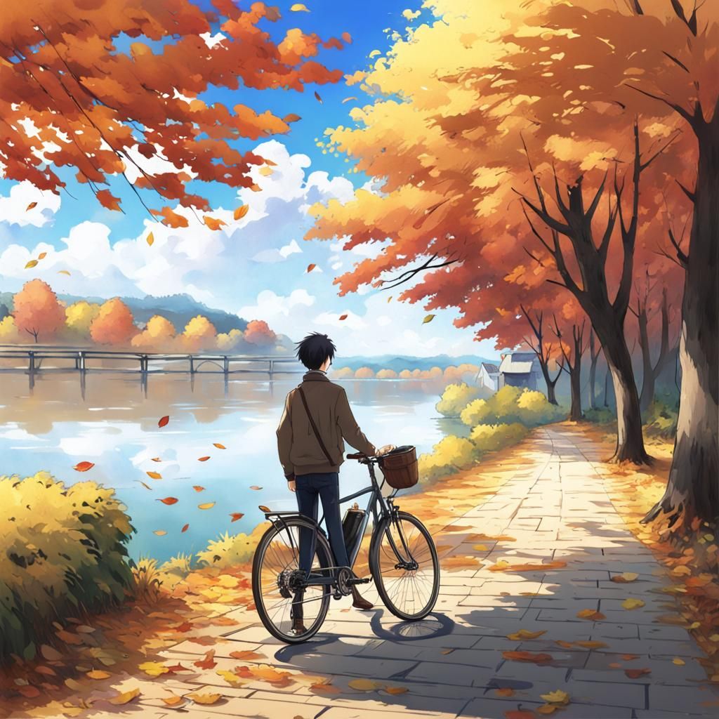 a man wanderer stands with bike in front of the autumn riverscape ...