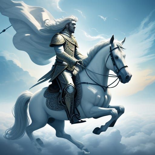 Man on White Horse in Clouds with Flag