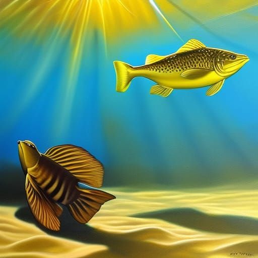 yellow fish in sun rays
Hyperrealistic, 
surrealism
