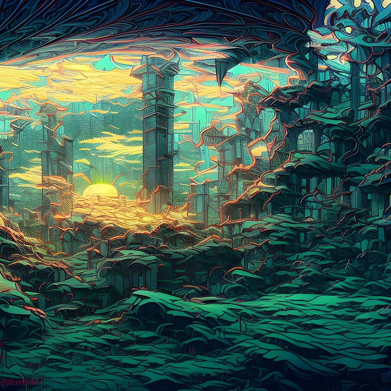 Surreal Day and Night Landscape in Dr. Seuss Style