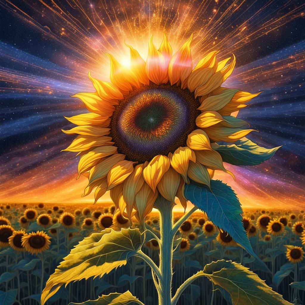 A flower of sun blooming in in an open field during a warm summer night. The sunflower represents the ...  by @Erik_T