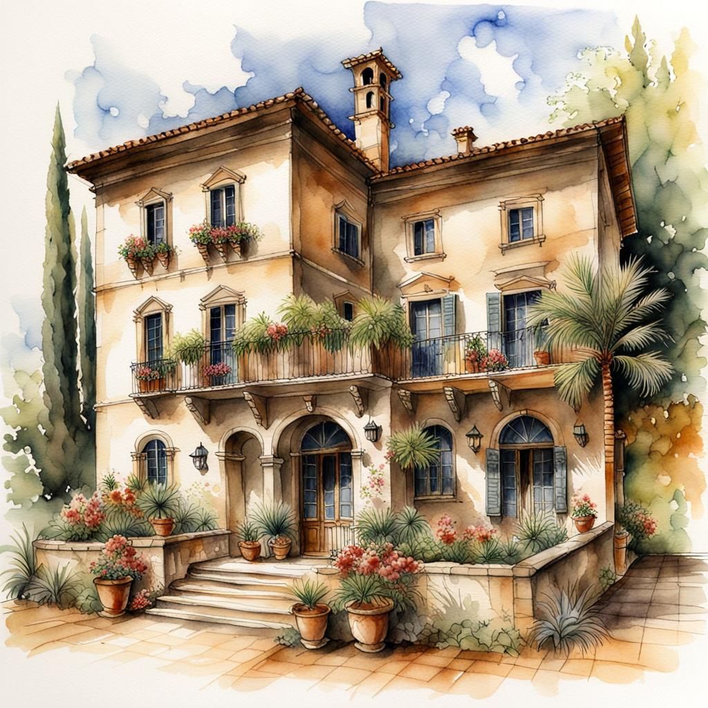Luis Royo watercolor sketch: "Tuscan manor house" - The pain...
