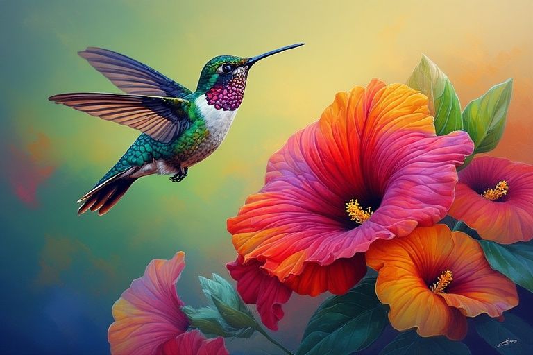 An exquisite, ultra-vivid petunia in full bloom, with a luminous hummingbird gracefully hovering above.