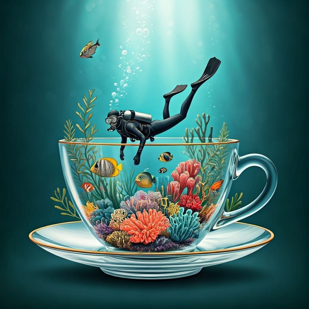 A diver swimming in a glass teacup inside the diver is surro...