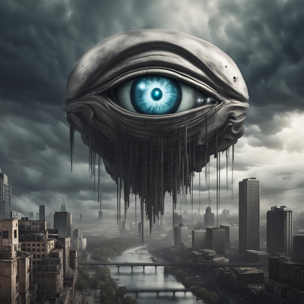 Storm cloud with giant cybernetic eye in dystopian city - AI Generated ...