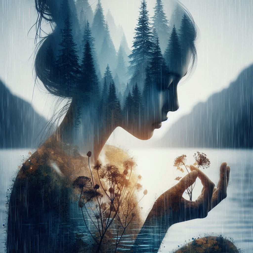 double exposure beautiful fantasy DALL-E 3 portrait landscape..