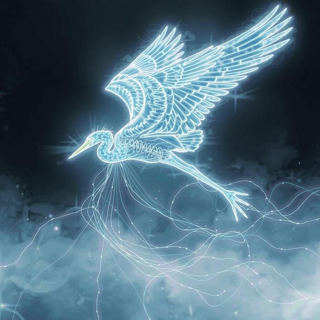 A glowing heron formed from white beams of light, leaving trails as it moves