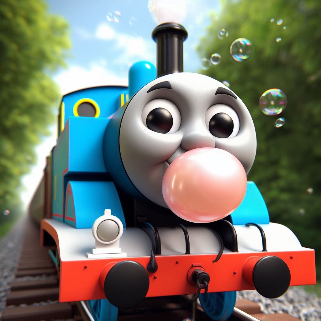 Thomas the chew chew train chewing bubble gum.. that's his job right?
