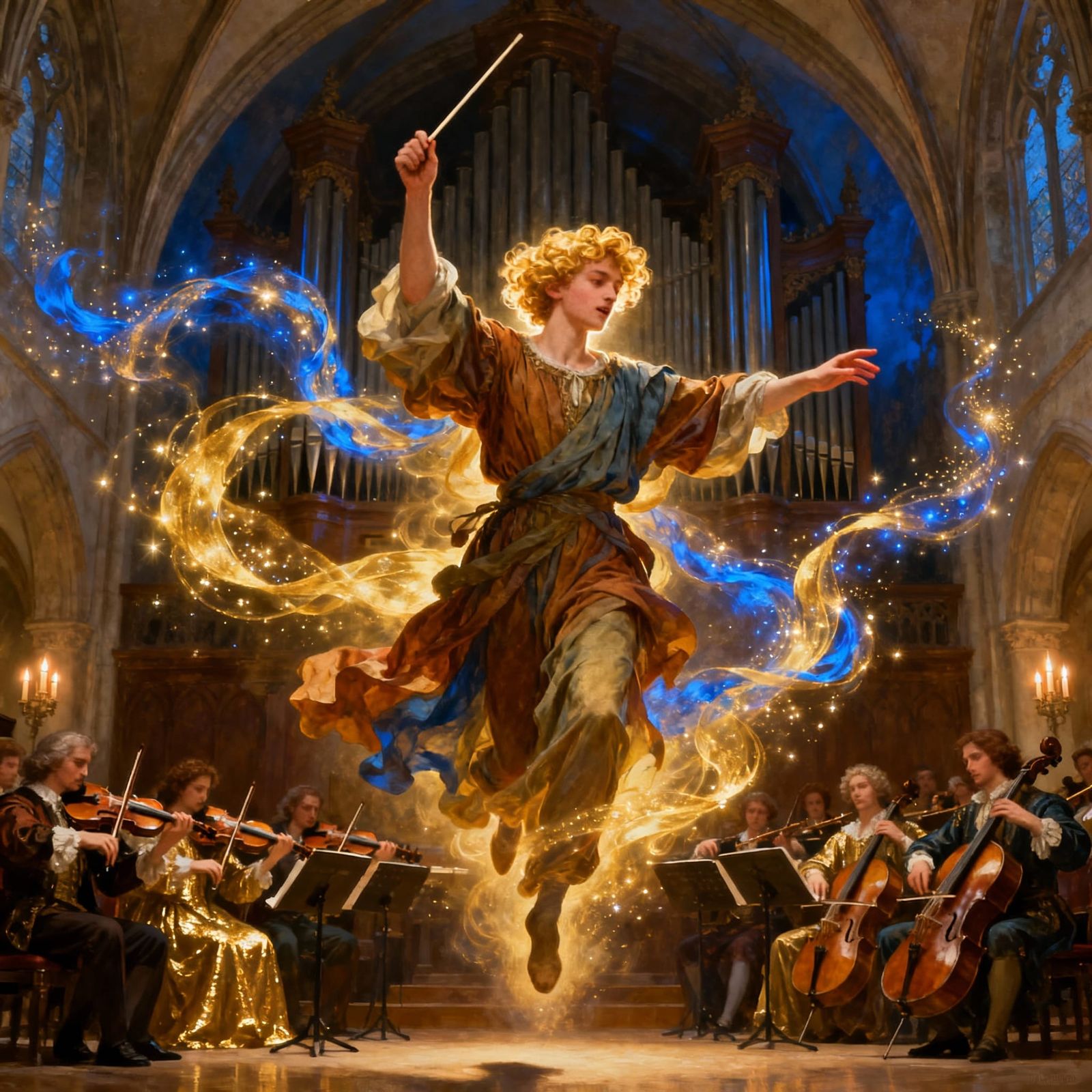 Conductor Levitating in Gothic Hall with Magical Energy