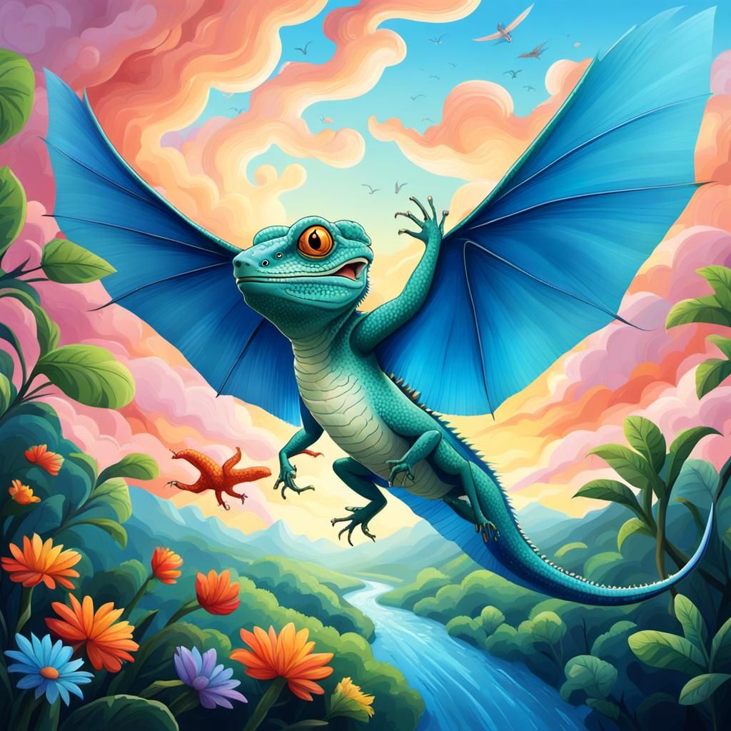 A lizard flying happily in the sky