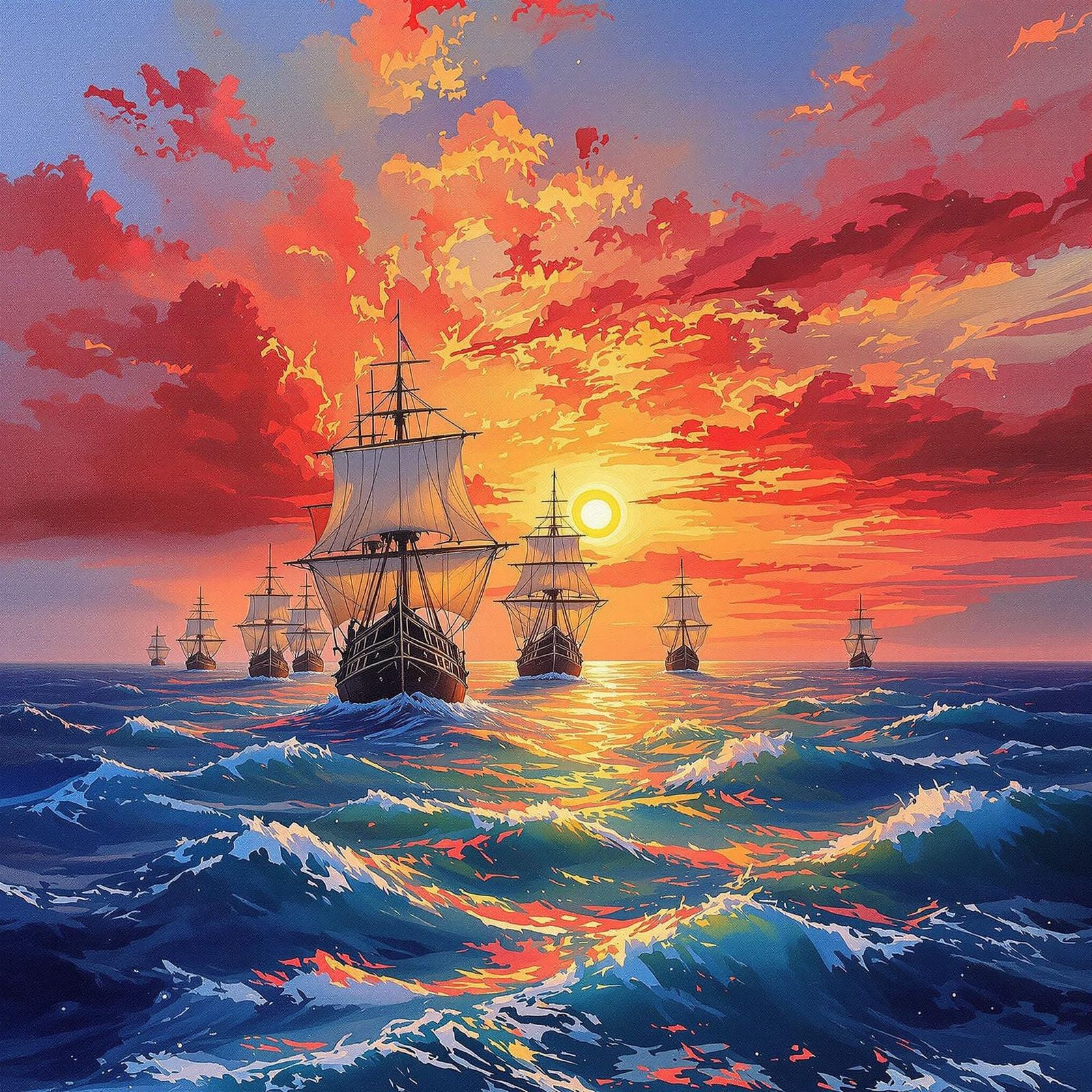 The sun seems to bleed out crimson upon the sky and water as it sets upon the ocean, but in the foreground, ...  by @Clayton