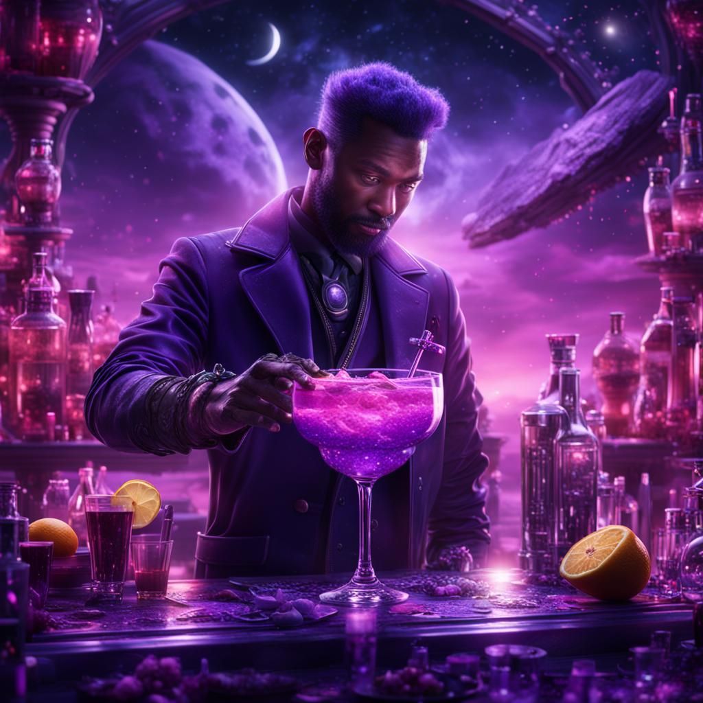 moonlight bartender in a galactic fantasy mixing a luminous purple ...