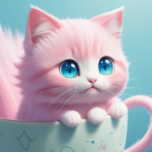 Pink Cat with Yarn in Anime Style
