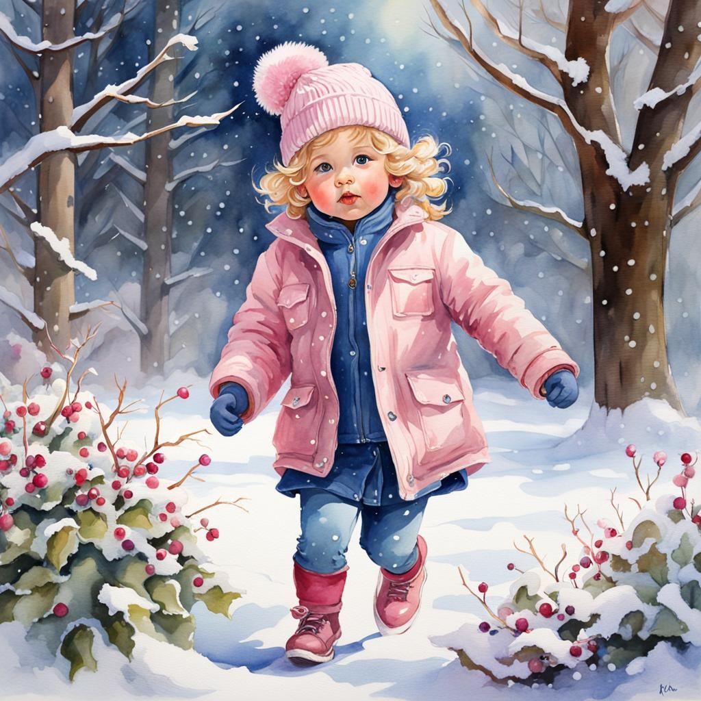 A beautiful little girl blonde and a winter hat running in the snowly ...