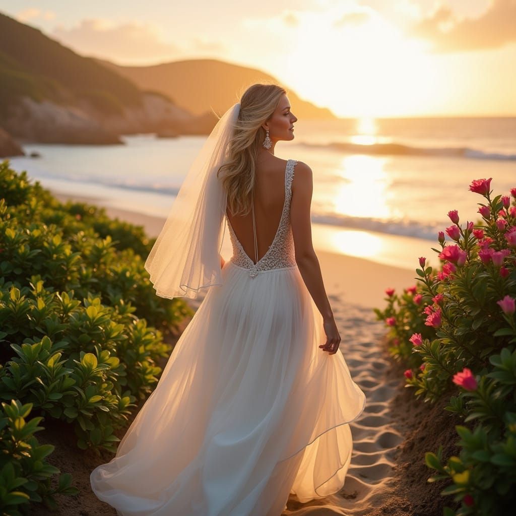 Romantic Beach Bride in Serene Sunset Glow