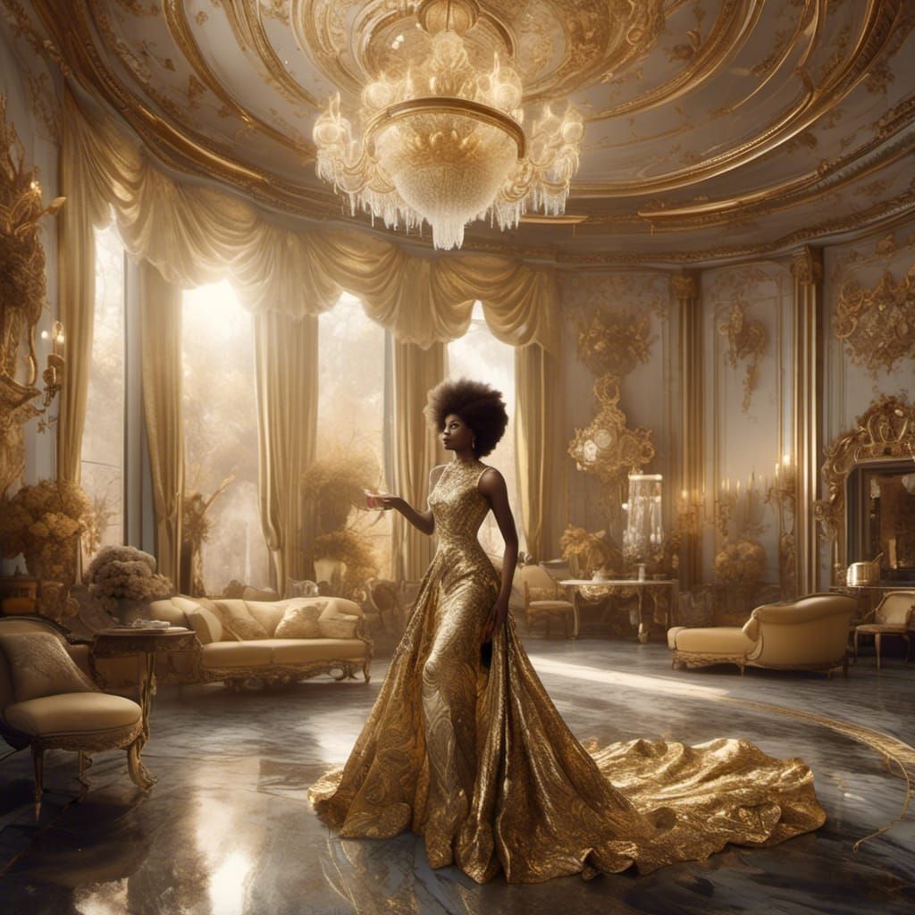 <lora:NC Hyperreal:1.0> Beautiful black woman, with gorgeous afro hair, with blonde highlights... she is wearing a gold gown with a tall flu...