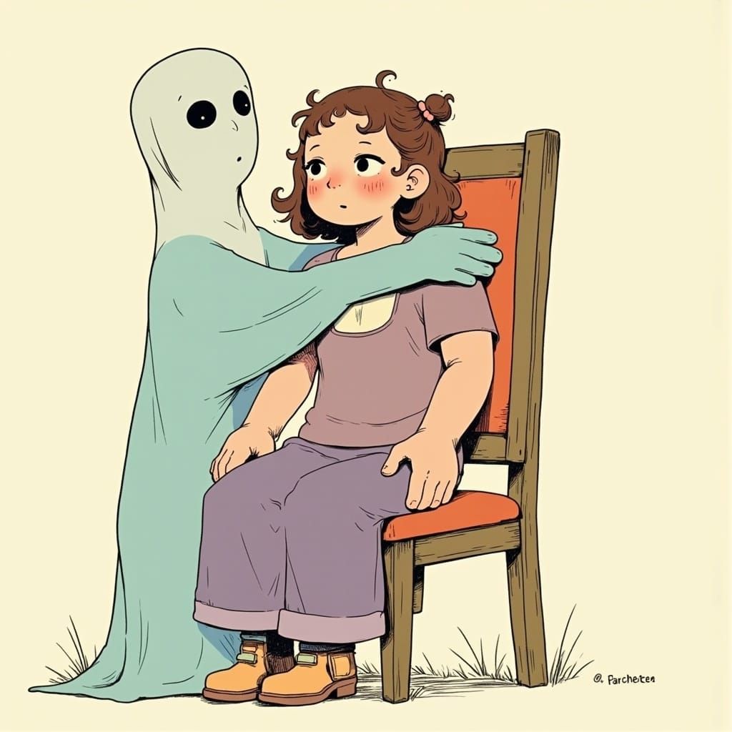 <lora:Alius:1.0>digital illustration in the style of Trina Schart-Hyman :: A participant sitting stiffly in their chair, eyes wide as ghost...