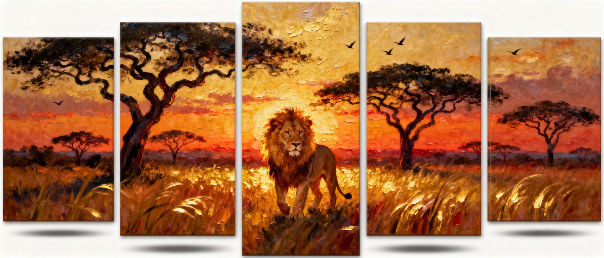 A large mural on canvas, composed of five independent vertical panels that nonetheless form a continuous scene. The central panel is the lar...