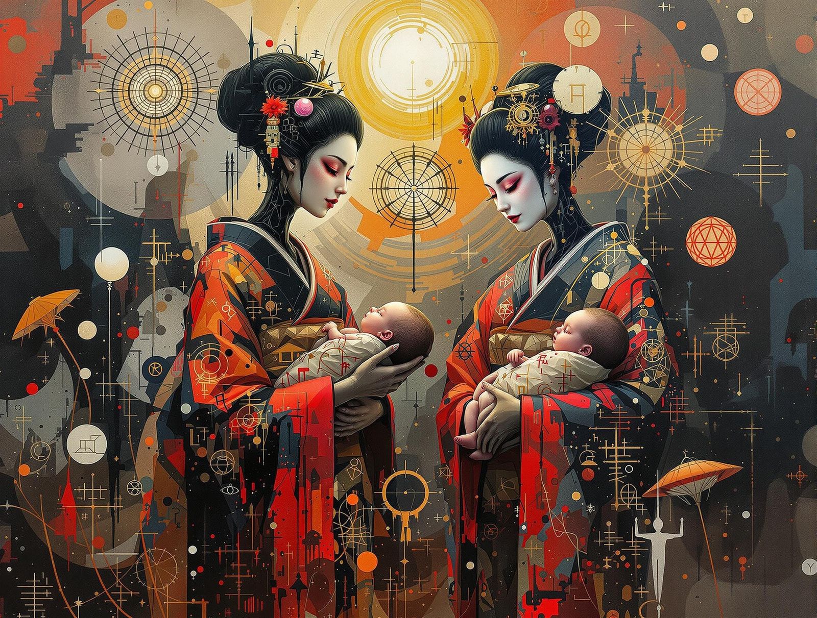 geishas holding babies in their arms
   by @Michael Hendrickson