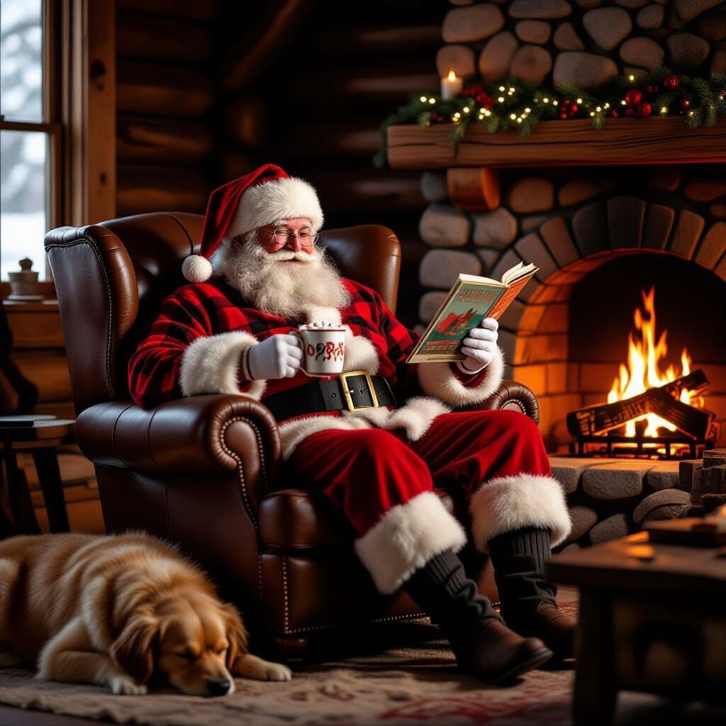A cinematic, photorealistic image of Santa Claus enjoying a well-deserved break 'off-duty' in his rustic ...  by @Joe Howes
