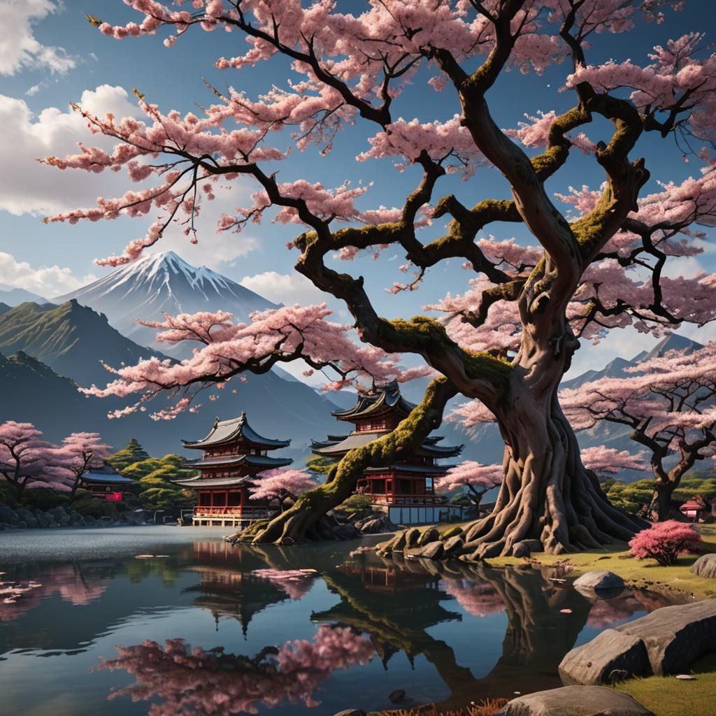 A beautiful ancient sakura tree in front of a lake. Mountain...