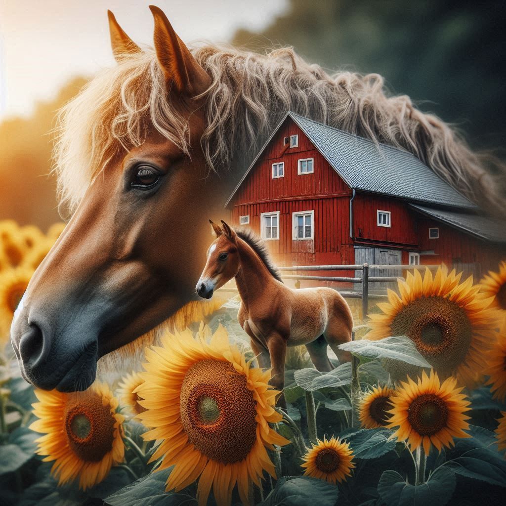 Horses, barn and sunflowers