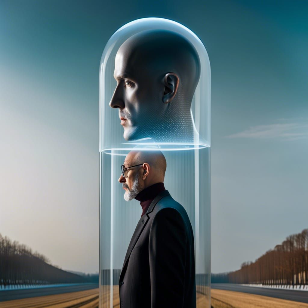 Very tall man with Transparent head photography. Surrealism,...